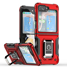 Silicone Matte Finish and Plastic Back Cover Case with Magnetic Finger Ring Stand QW1 for Samsung Galaxy Z Flip5 5G Red