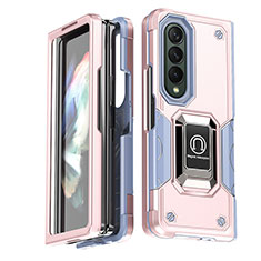 Silicone Matte Finish and Plastic Back Cover Case with Magnetic Finger Ring Stand QW1 for Samsung Galaxy Z Fold3 5G Pink