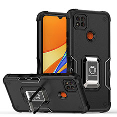 Silicone Matte Finish and Plastic Back Cover Case with Magnetic Finger Ring Stand QW1 for Xiaomi Redmi 9 India Black