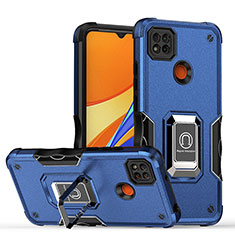 Silicone Matte Finish and Plastic Back Cover Case with Magnetic Finger Ring Stand QW1 for Xiaomi Redmi 9 India Blue