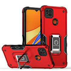Silicone Matte Finish and Plastic Back Cover Case with Magnetic Finger Ring Stand QW1 for Xiaomi Redmi 9 India Red