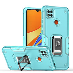Silicone Matte Finish and Plastic Back Cover Case with Magnetic Finger Ring Stand QW1 for Xiaomi Redmi 9 India Sky Blue