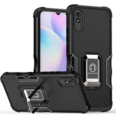 Silicone Matte Finish and Plastic Back Cover Case with Magnetic Finger Ring Stand QW1 for Xiaomi Redmi 9A Black