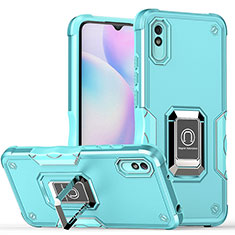 Silicone Matte Finish and Plastic Back Cover Case with Magnetic Finger Ring Stand QW1 for Xiaomi Redmi 9A Sky Blue