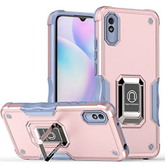 Silicone Matte Finish and Plastic Back Cover Case with Magnetic Finger Ring Stand QW1 for Xiaomi Redmi 9i Pink