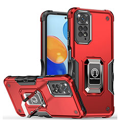 Silicone Matte Finish and Plastic Back Cover Case with Magnetic Finger Ring Stand QW1 for Xiaomi Redmi Note 11 Pro 4G Red
