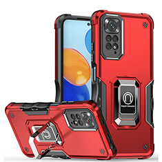 Silicone Matte Finish and Plastic Back Cover Case with Magnetic Finger Ring Stand QW1 for Xiaomi Redmi Note 11 Pro 5G Red