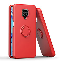 Silicone Matte Finish and Plastic Back Cover Case with Magnetic Finger Ring Stand QW1 for Xiaomi Redmi Note 9 Pro Red