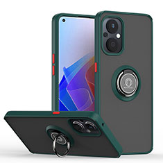 Silicone Matte Finish and Plastic Back Cover Case with Magnetic Finger Ring Stand QW2 for OnePlus Nord N20 5G Midnight Green