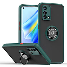 Silicone Matte Finish and Plastic Back Cover Case with Magnetic Finger Ring Stand QW2 for Oppo Reno7 4G Midnight Green