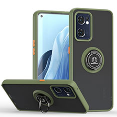 Silicone Matte Finish and Plastic Back Cover Case with Magnetic Finger Ring Stand QW2 for Oppo Reno7 5G Army green