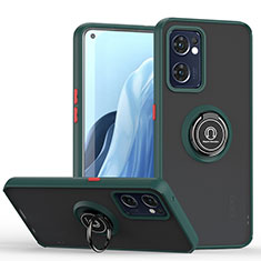 Silicone Matte Finish and Plastic Back Cover Case with Magnetic Finger Ring Stand QW2 for Oppo Reno7 5G Midnight Green
