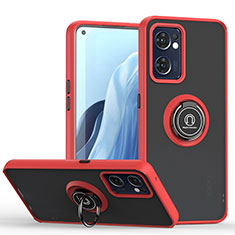 Silicone Matte Finish and Plastic Back Cover Case with Magnetic Finger Ring Stand QW2 for Oppo Reno7 5G Red