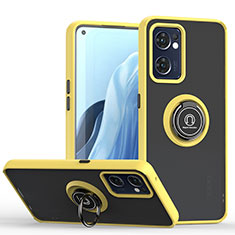 Silicone Matte Finish and Plastic Back Cover Case with Magnetic Finger Ring Stand QW2 for Oppo Reno7 5G Yellow
