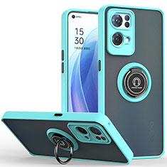 Silicone Matte Finish and Plastic Back Cover Case with Magnetic Finger Ring Stand QW2 for Oppo Reno7 Pro 5G Cyan