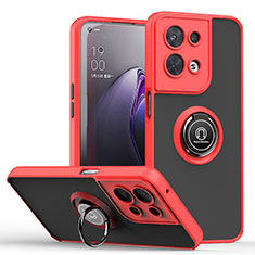 Silicone Matte Finish and Plastic Back Cover Case with Magnetic Finger Ring Stand QW2 for Oppo Reno8 5G Red