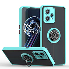 Silicone Matte Finish and Plastic Back Cover Case with Magnetic Finger Ring Stand QW2 for Realme 9 5G Cyan