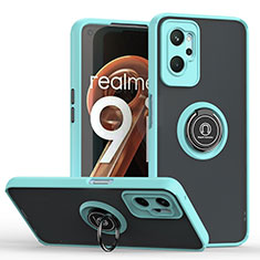 Silicone Matte Finish and Plastic Back Cover Case with Magnetic Finger Ring Stand QW2 for Realme 9i 4G Cyan