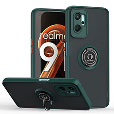 Silicone Matte Finish and Plastic Back Cover Case with Magnetic Finger Ring Stand QW2 for Realme 9i 4G Midnight Green