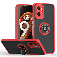 Silicone Matte Finish and Plastic Back Cover Case with Magnetic Finger Ring Stand QW2 for Realme 9i 4G Red