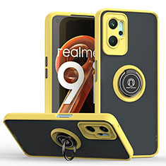 Silicone Matte Finish and Plastic Back Cover Case with Magnetic Finger Ring Stand QW2 for Realme 9i 4G Yellow