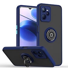 Silicone Matte Finish and Plastic Back Cover Case with Magnetic Finger Ring Stand QW2 for Realme Narzo 50A Prime Blue