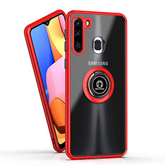 Silicone Matte Finish and Plastic Back Cover Case with Magnetic Finger Ring Stand QW2 for Samsung Galaxy A21 European Red