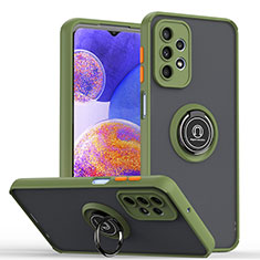 Silicone Matte Finish and Plastic Back Cover Case with Magnetic Finger Ring Stand QW2 for Samsung Galaxy A23 4G Army green