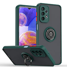 Silicone Matte Finish and Plastic Back Cover Case with Magnetic Finger Ring Stand QW2 for Samsung Galaxy A23 5G Midnight Green