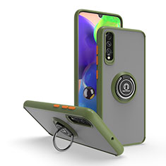 Silicone Matte Finish and Plastic Back Cover Case with Magnetic Finger Ring Stand QW2 for Samsung Galaxy A70 Army green