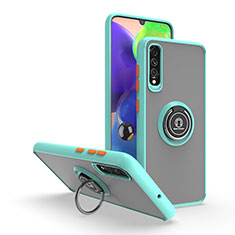 Silicone Matte Finish and Plastic Back Cover Case with Magnetic Finger Ring Stand QW2 for Samsung Galaxy A70 Cyan