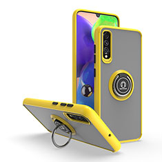 Silicone Matte Finish and Plastic Back Cover Case with Magnetic Finger Ring Stand QW2 for Samsung Galaxy A70 Yellow