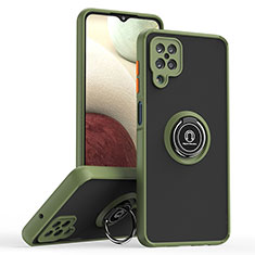 Silicone Matte Finish and Plastic Back Cover Case with Magnetic Finger Ring Stand QW2 for Samsung Galaxy F12 Army green