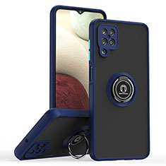 Silicone Matte Finish and Plastic Back Cover Case with Magnetic Finger Ring Stand QW2 for Samsung Galaxy F12 Blue