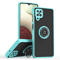 Silicone Matte Finish and Plastic Back Cover Case with Magnetic Finger Ring Stand QW2 for Samsung Galaxy F12 Cyan