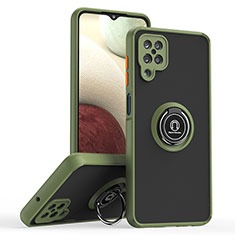 Silicone Matte Finish and Plastic Back Cover Case with Magnetic Finger Ring Stand QW2 for Samsung Galaxy M12 Army green
