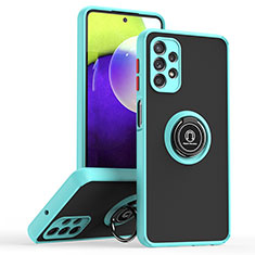 Silicone Matte Finish and Plastic Back Cover Case with Magnetic Finger Ring Stand QW2 for Samsung Galaxy M32 5G Cyan