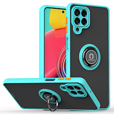 Silicone Matte Finish and Plastic Back Cover Case with Magnetic Finger Ring Stand QW2 for Samsung Galaxy M53 5G Cyan