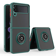 Silicone Matte Finish and Plastic Back Cover Case with Magnetic Finger Ring Stand QW2 for Samsung Galaxy Z Flip3 5G Midnight Green