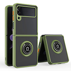 Silicone Matte Finish and Plastic Back Cover Case with Magnetic Finger Ring Stand QW2 for Samsung Galaxy Z Flip4 5G Army green