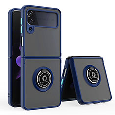 Silicone Matte Finish and Plastic Back Cover Case with Magnetic Finger Ring Stand QW2 for Samsung Galaxy Z Flip4 5G Blue