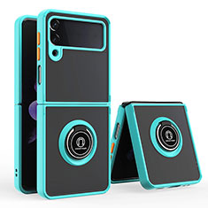 Silicone Matte Finish and Plastic Back Cover Case with Magnetic Finger Ring Stand QW2 for Samsung Galaxy Z Flip4 5G Cyan