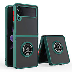 Silicone Matte Finish and Plastic Back Cover Case with Magnetic Finger Ring Stand QW2 for Samsung Galaxy Z Flip4 5G Midnight Green