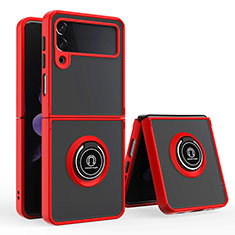 Silicone Matte Finish and Plastic Back Cover Case with Magnetic Finger Ring Stand QW2 for Samsung Galaxy Z Flip4 5G Red