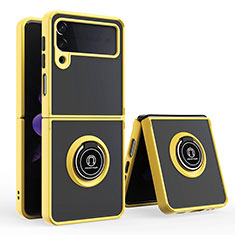 Silicone Matte Finish and Plastic Back Cover Case with Magnetic Finger Ring Stand QW2 for Samsung Galaxy Z Flip4 5G Yellow