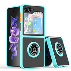 Silicone Matte Finish and Plastic Back Cover Case with Magnetic Finger Ring Stand QW2 for Samsung Galaxy Z Flip5 5G Cyan