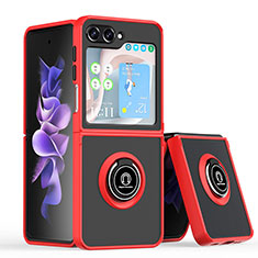 Silicone Matte Finish and Plastic Back Cover Case with Magnetic Finger Ring Stand QW2 for Samsung Galaxy Z Flip5 5G Red