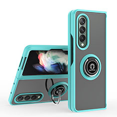 Silicone Matte Finish and Plastic Back Cover Case with Magnetic Finger Ring Stand QW2 for Samsung Galaxy Z Fold3 5G Cyan