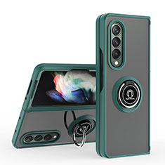 Silicone Matte Finish and Plastic Back Cover Case with Magnetic Finger Ring Stand QW2 for Samsung Galaxy Z Fold3 5G Midnight Green