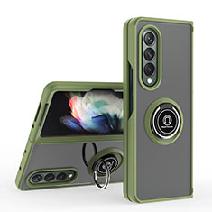 Silicone Matte Finish and Plastic Back Cover Case with Magnetic Finger Ring Stand QW2 for Samsung Galaxy Z Fold4 5G Army green